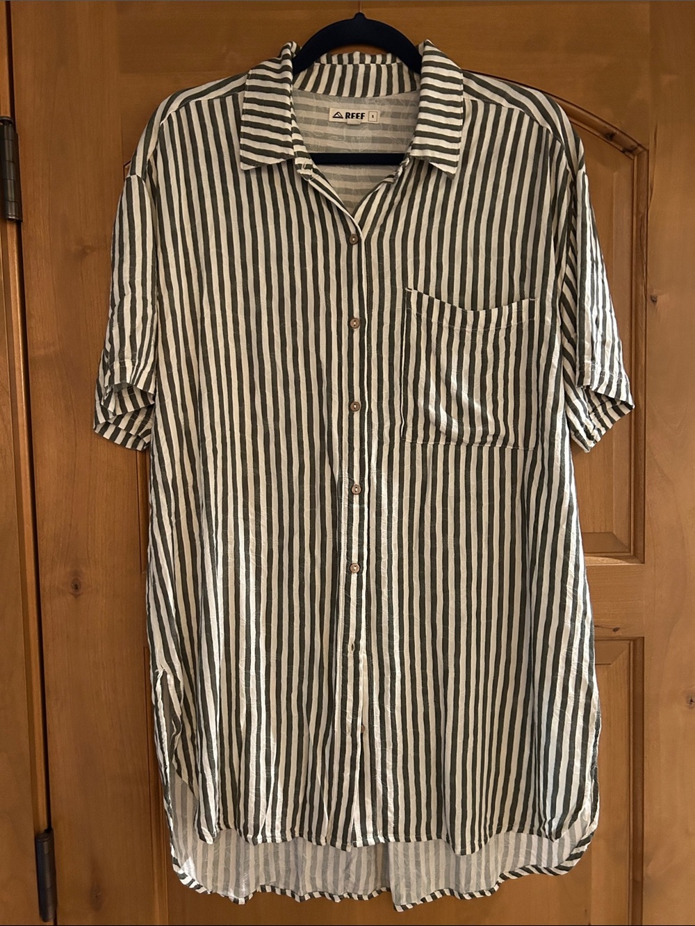 Reef Women's Olive Green and White Vertical Stripe Button-Down Shirt. So Soft